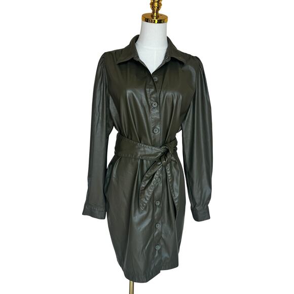 Peter Som Olive Green Faux Leather Mini Shirt Dress SIze 6 Career Designer $355 - Picture 10 of 13